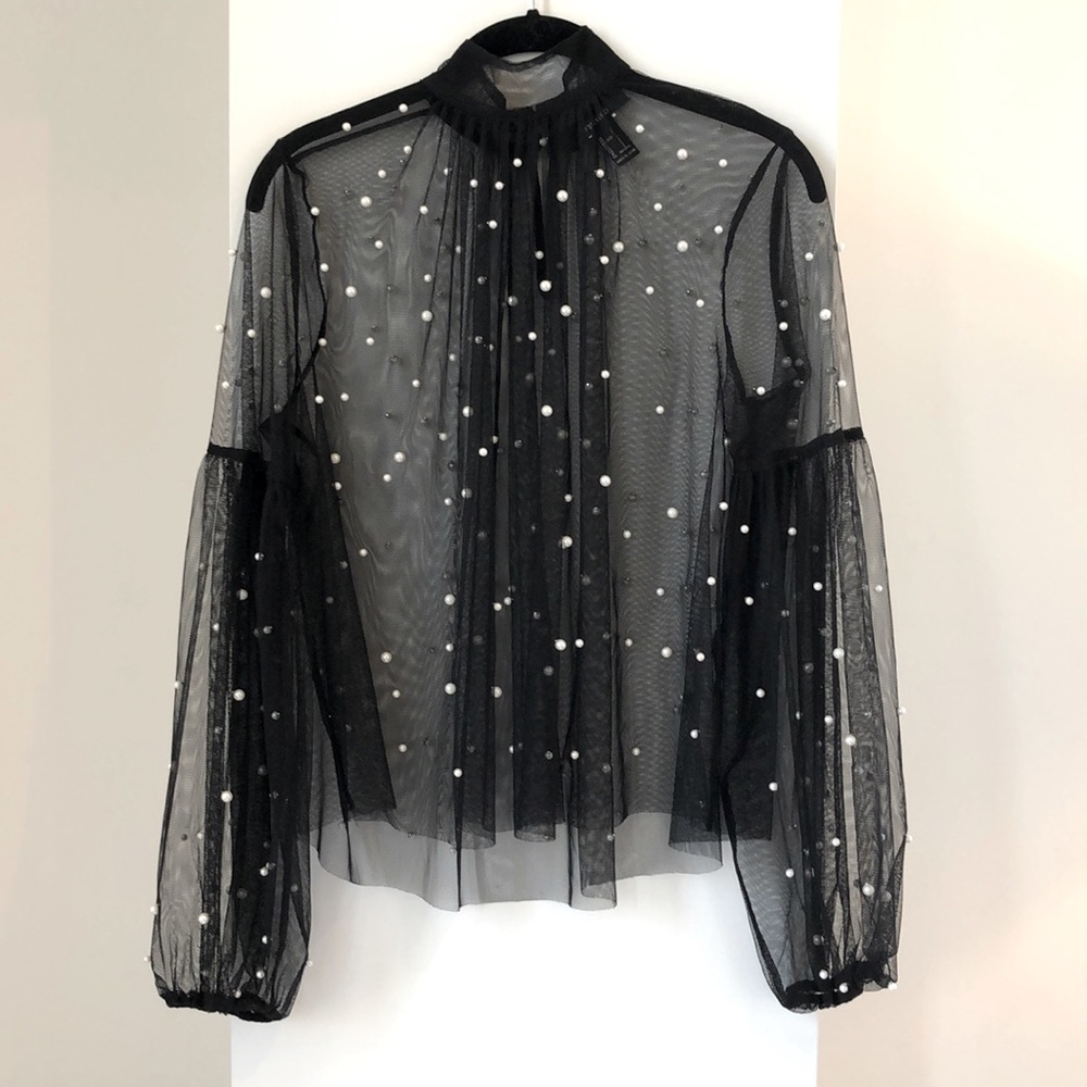 Sheer black mock turtleneck w/ pearl detail